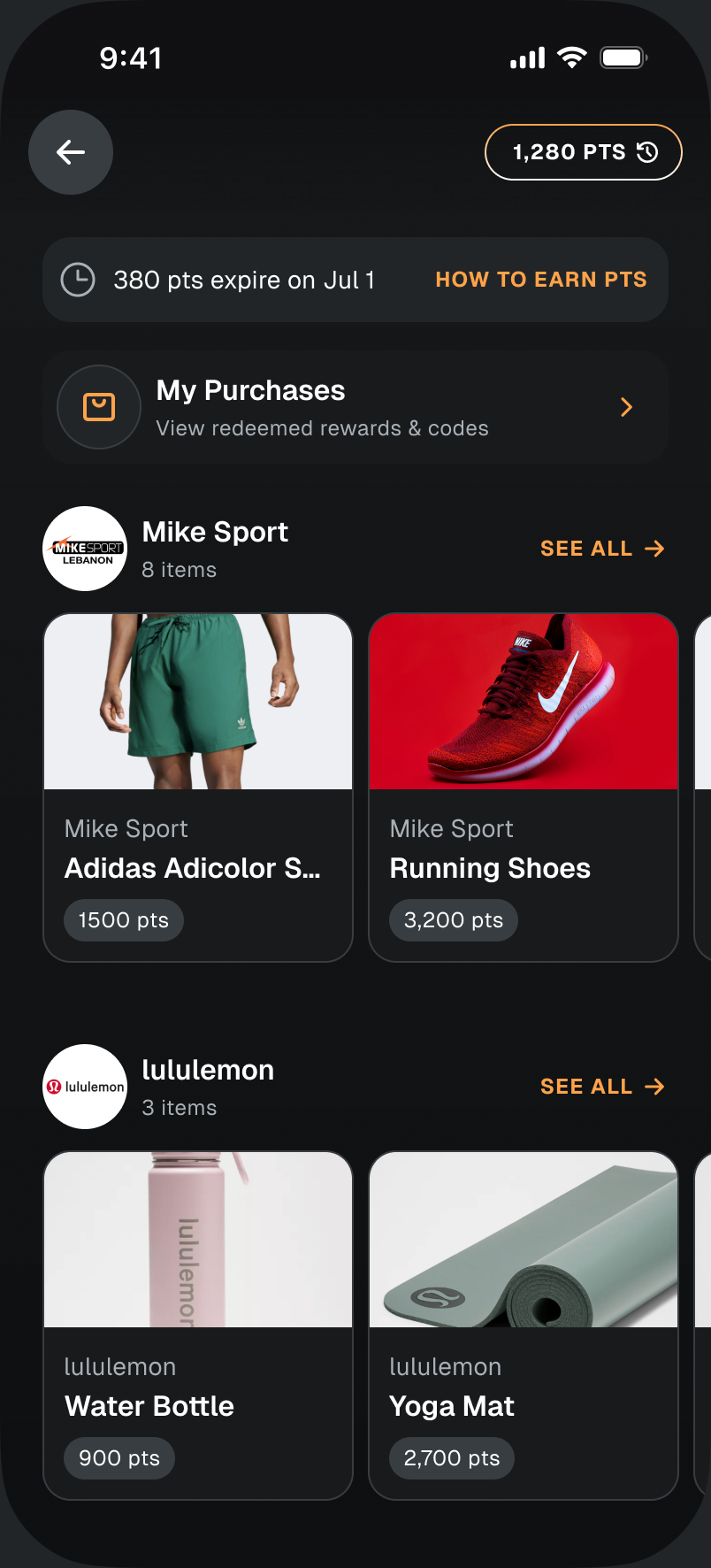 The points store, with items priced in points