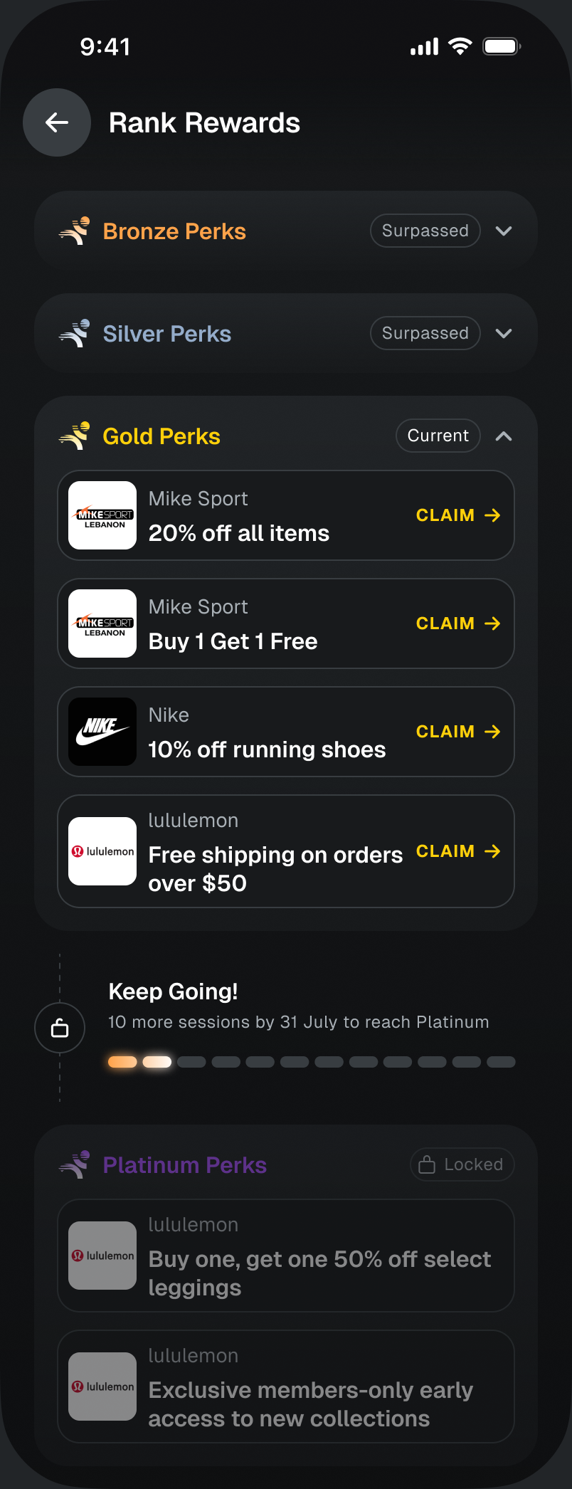 Rank rewards in the app, grouped by Bronze, Silver, Gold and Platinum