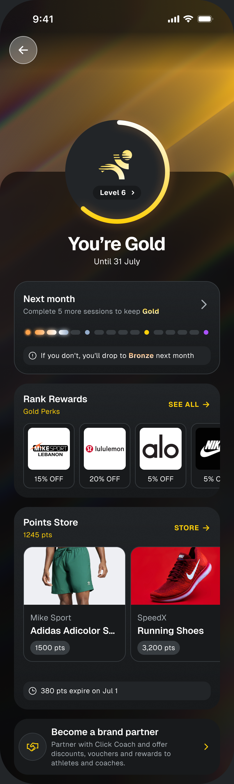 The rewards screen in the ClickCoach app: a Gold member, their rank perks and the points store
